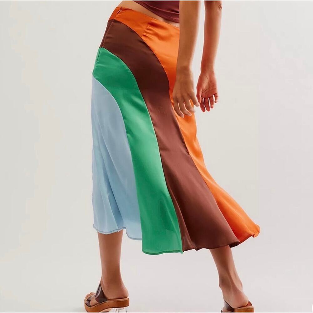 FREE PEOPLE | Jojo Crafty Midi Skirt Satin Panel Brown Orange Green Blue | 8